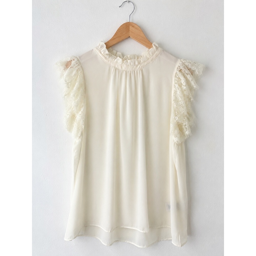 Catherine Malandrino Ivory Sheer Ruffle Lace Cap Sleeve Mock Neck Top XL NWT